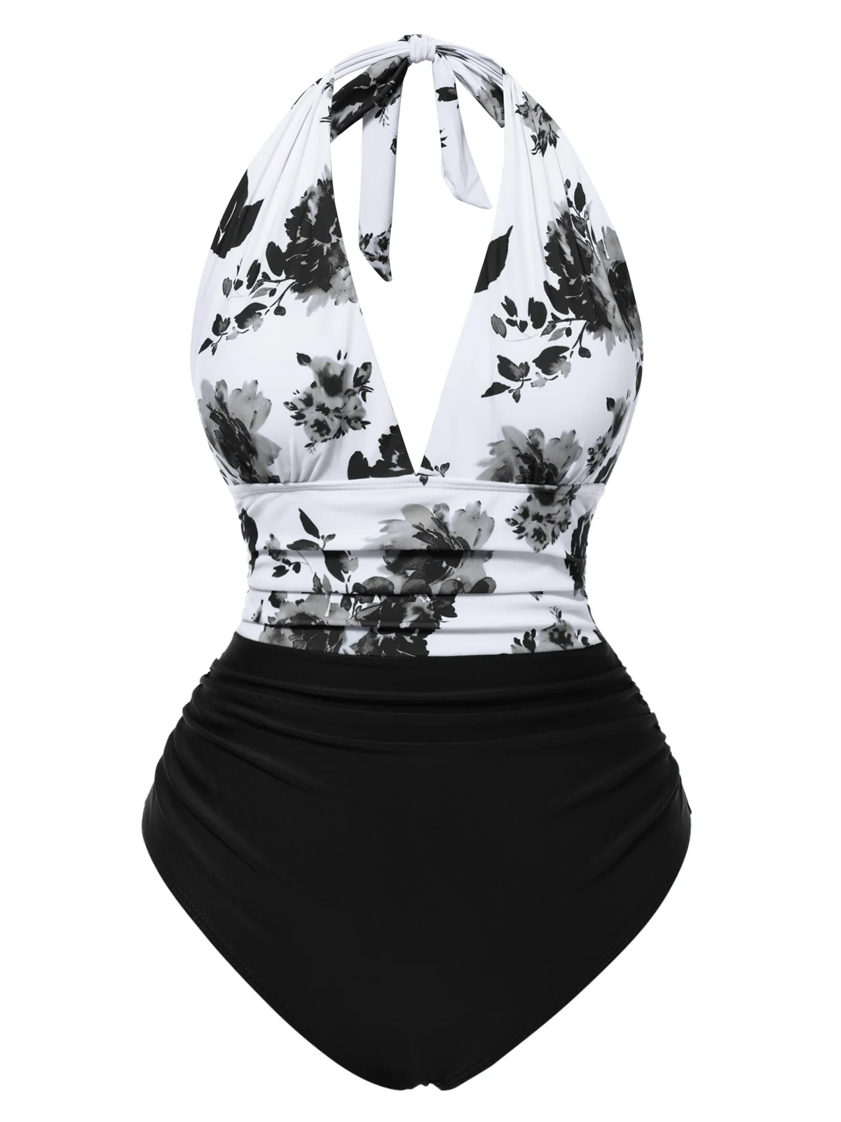 Green Halter Floral Ruched One-piece Swimsuit