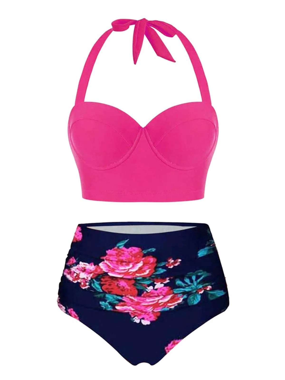 Rose Red Halter Flowers Bikini Set