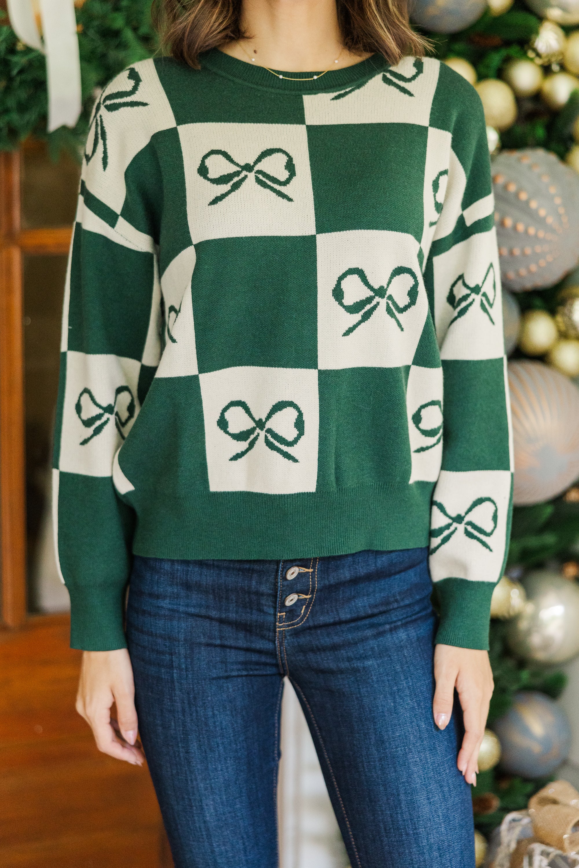 Hunter Green Ribbon Checkered Sweater