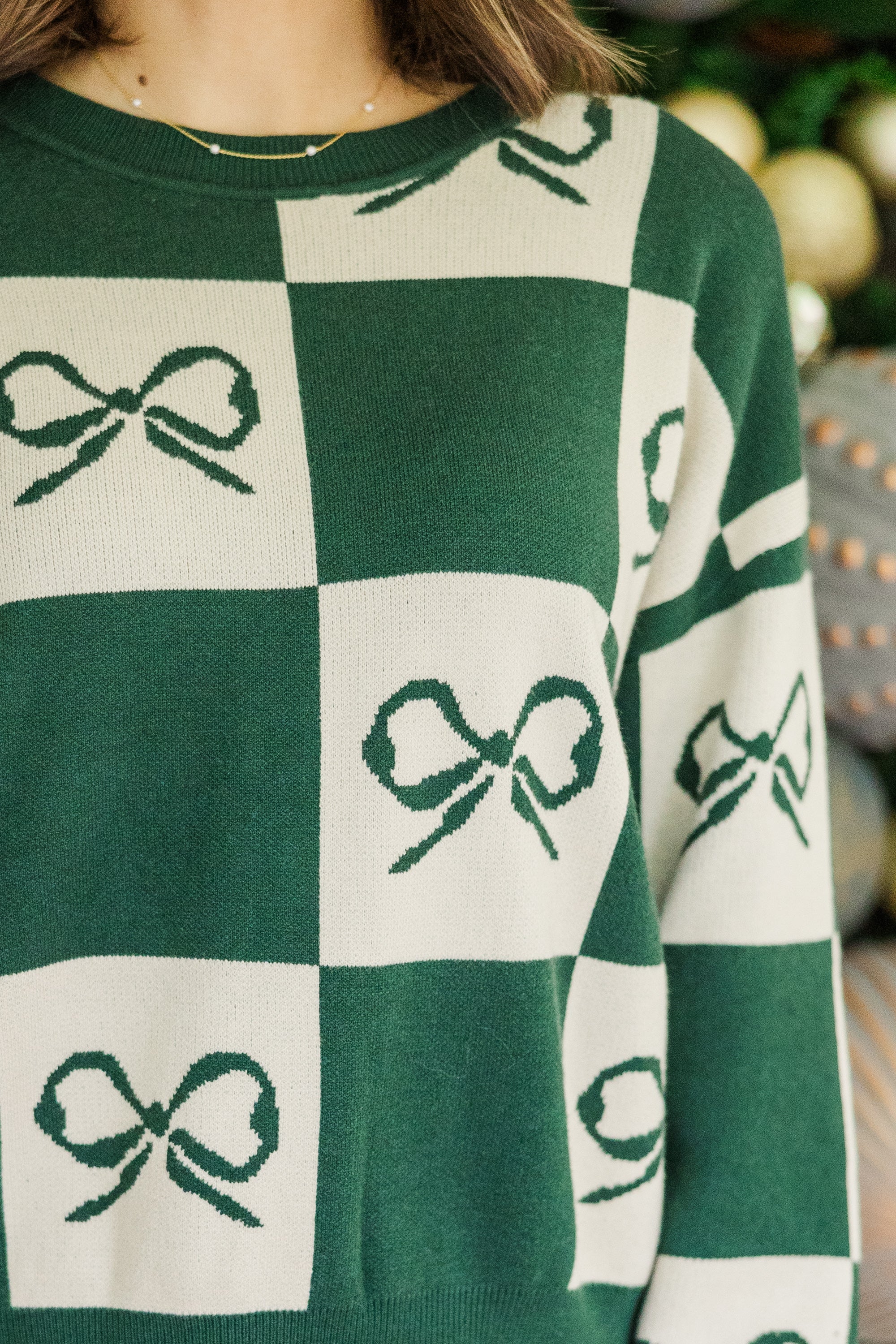 Hunter Green Ribbon Checkered Sweater