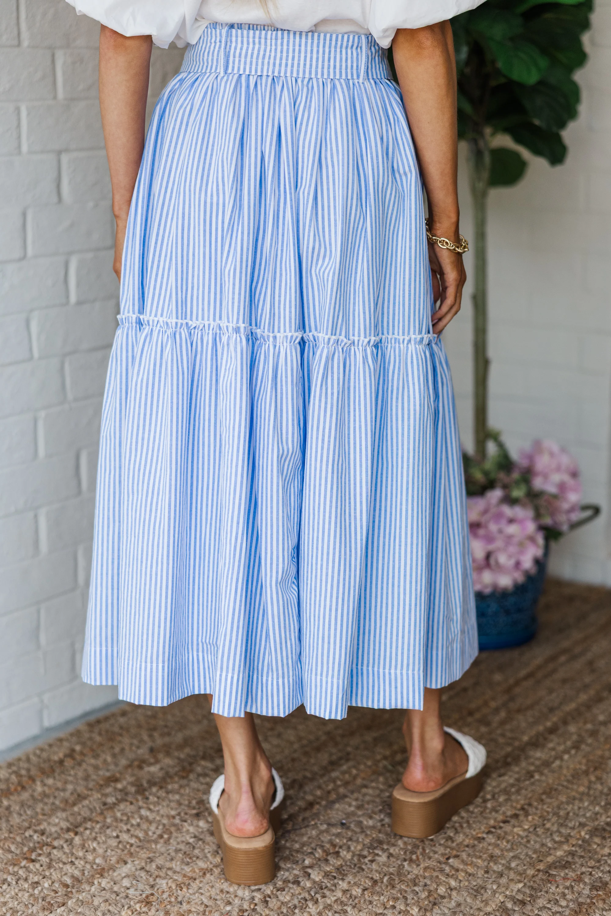 Light Blue Striped Midi Skirt