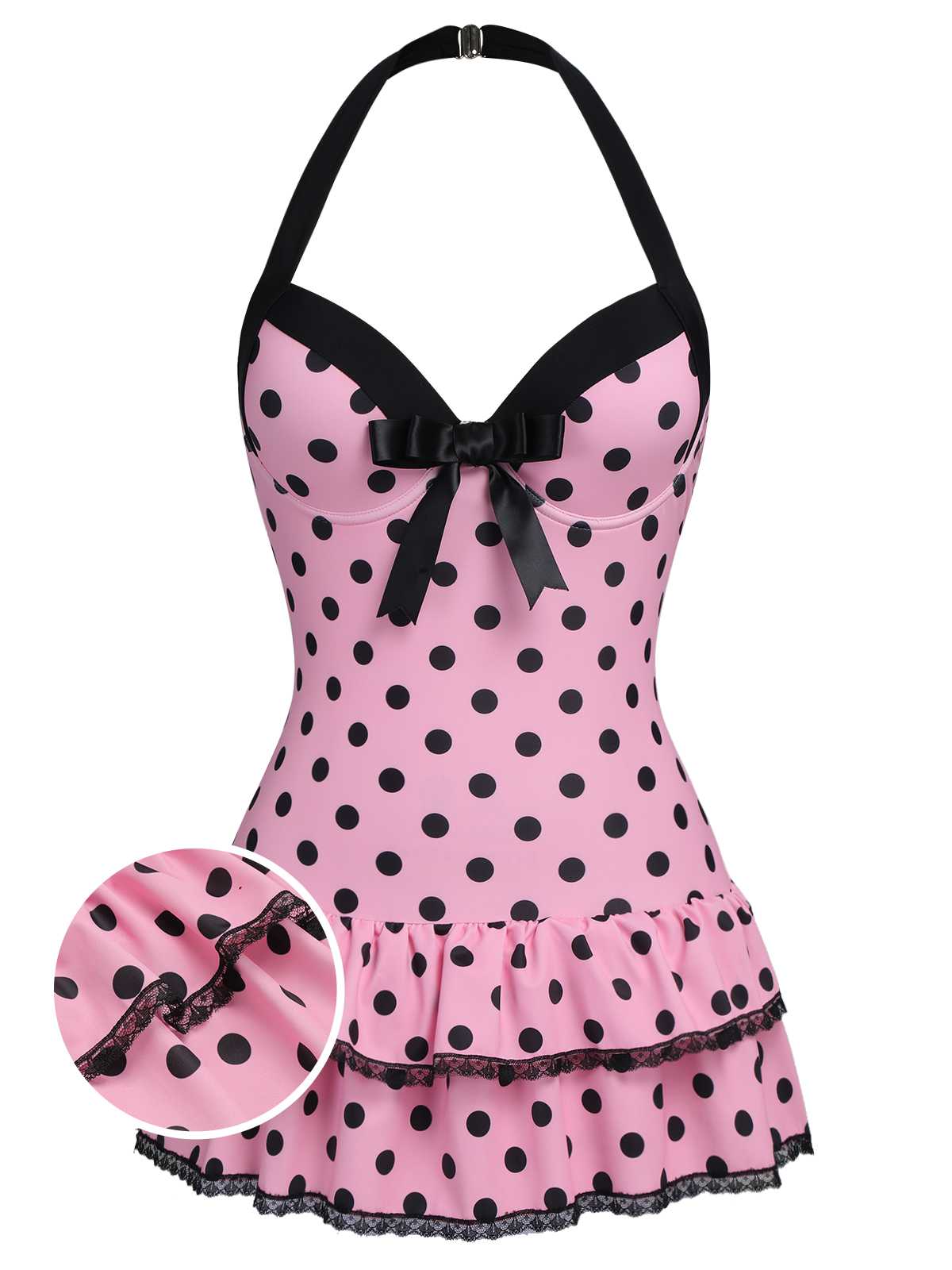 Black Halter Polka Dots Bow One-Piece Swimsuit
