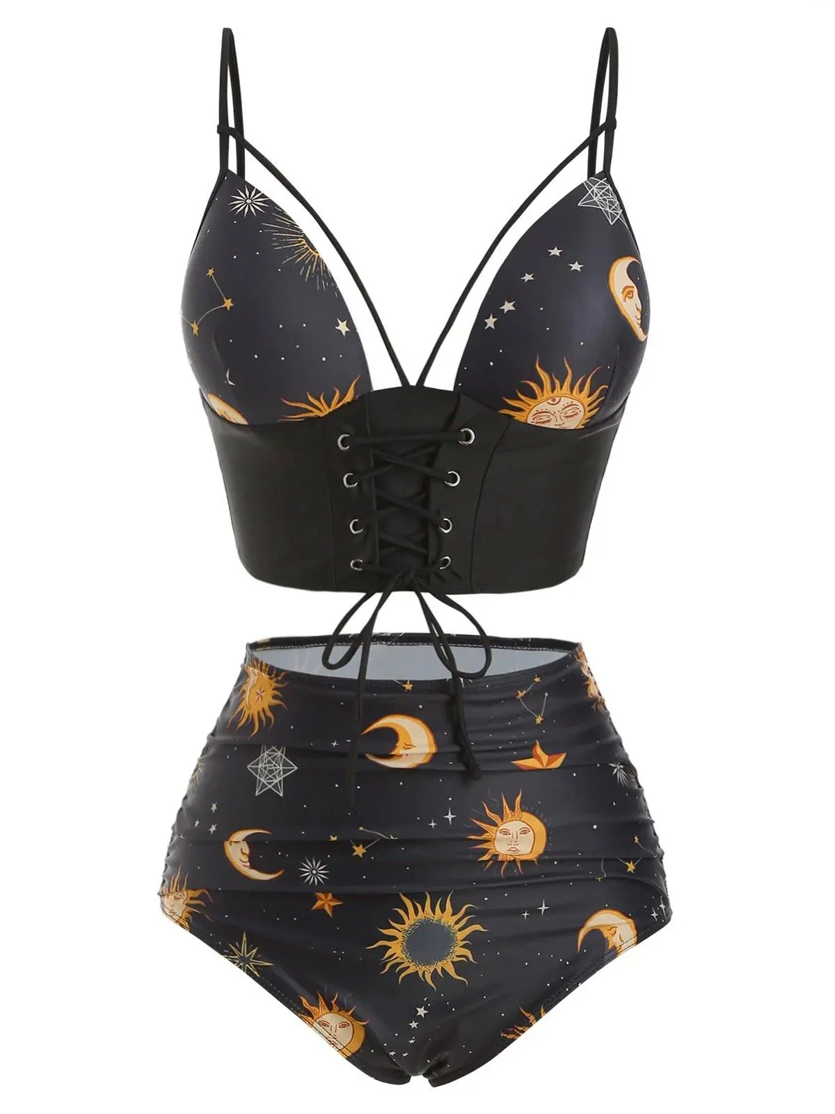 Purple Sun Moon Stars Lace-Up Swimsuit