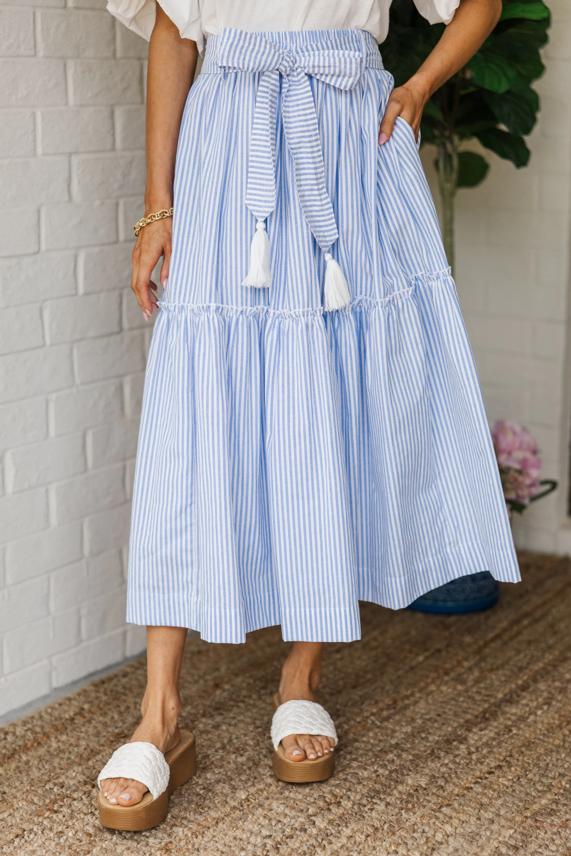 Light Blue Striped Midi Skirt