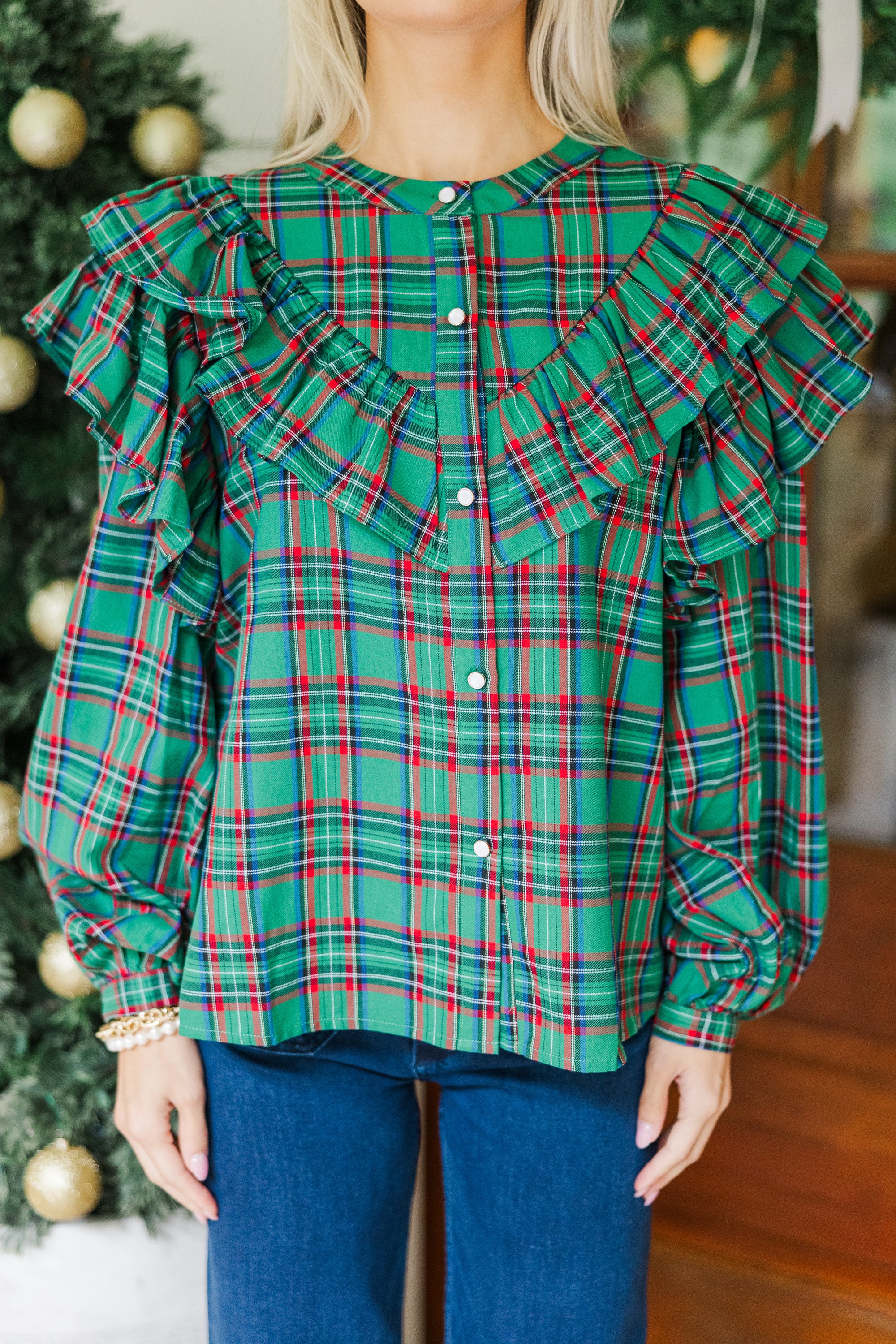 Green Tartan Plaid Button Down Blouse
