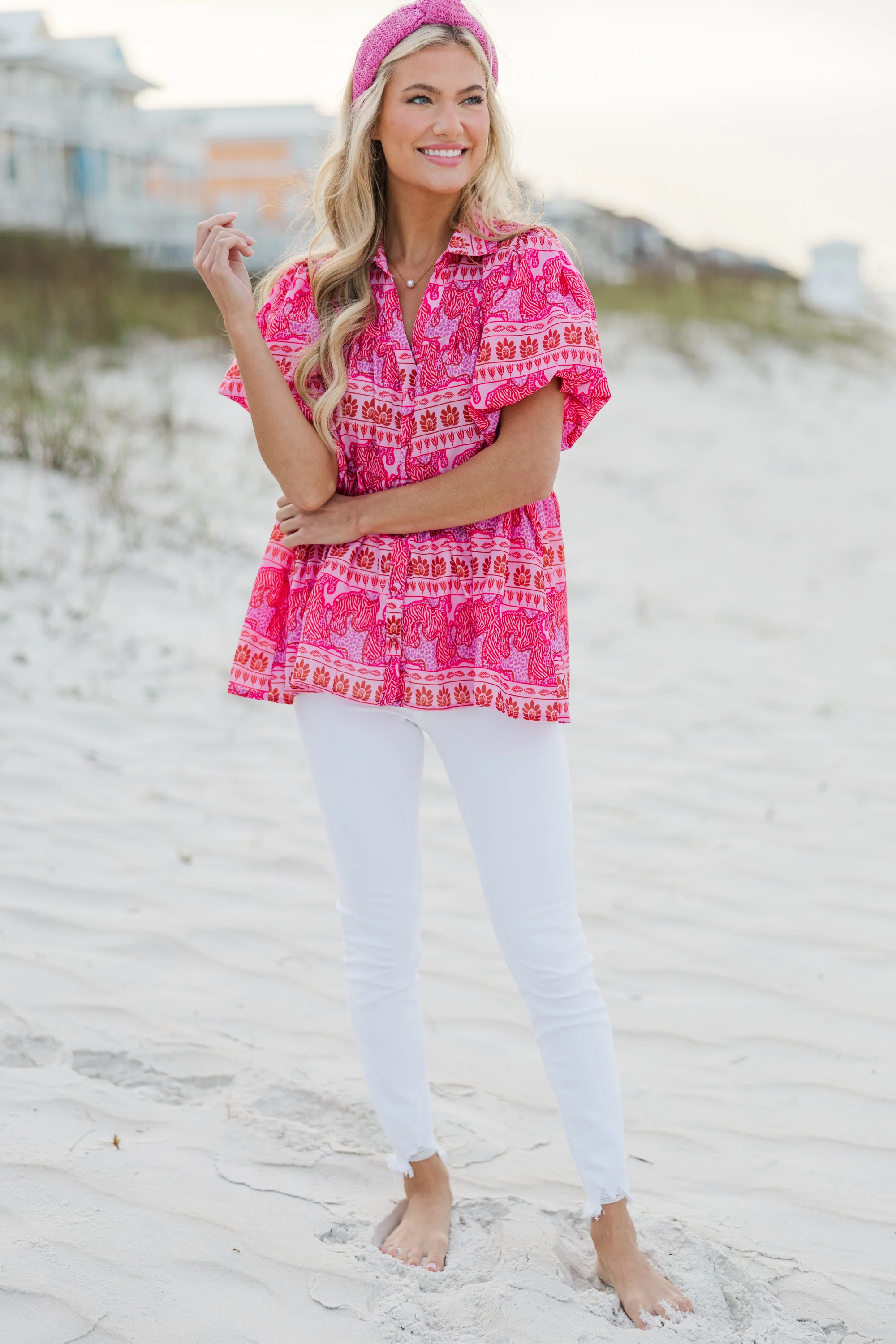 Hot Pink Printed Blouse