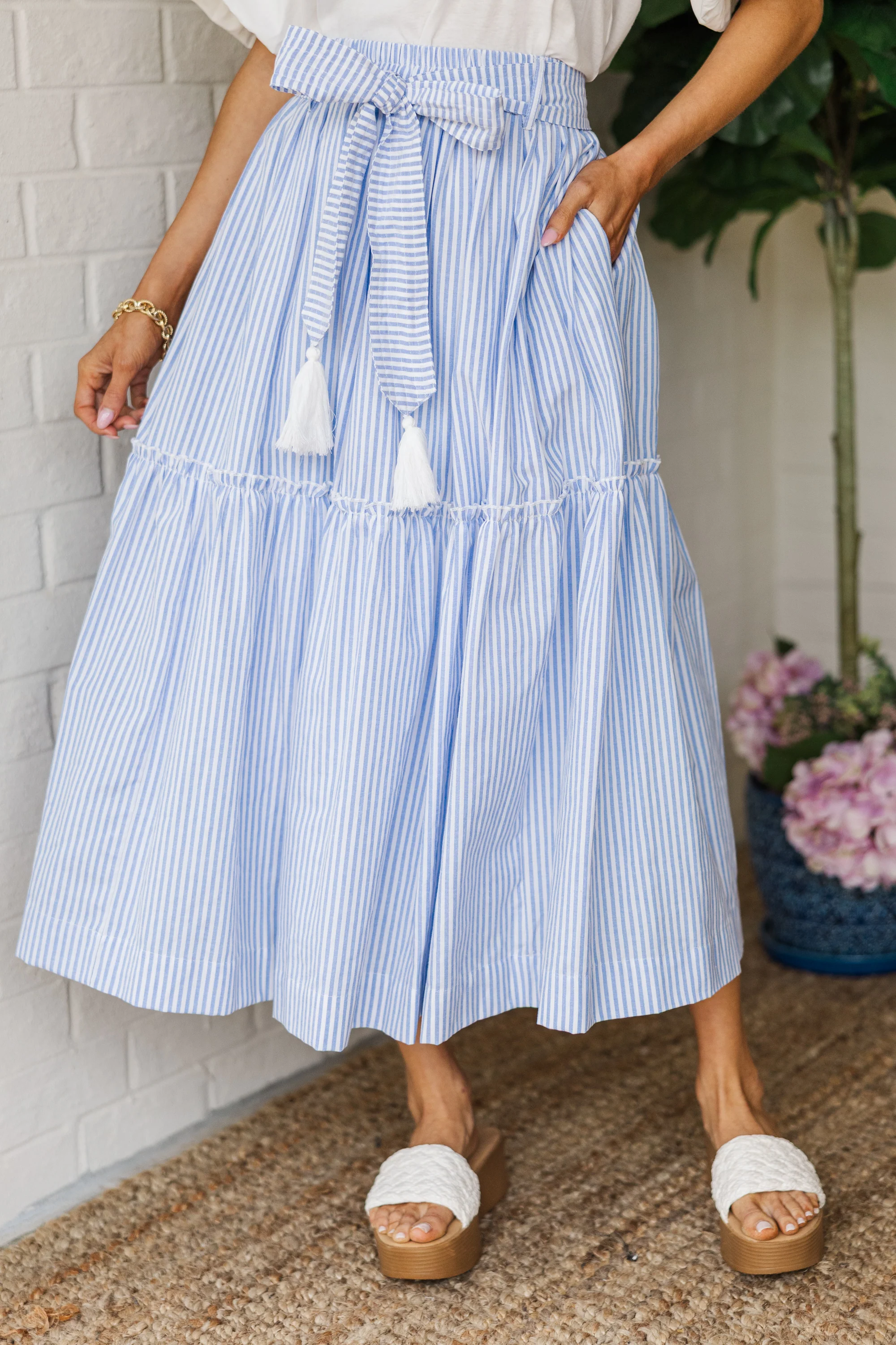 Light Blue Striped Midi Skirt