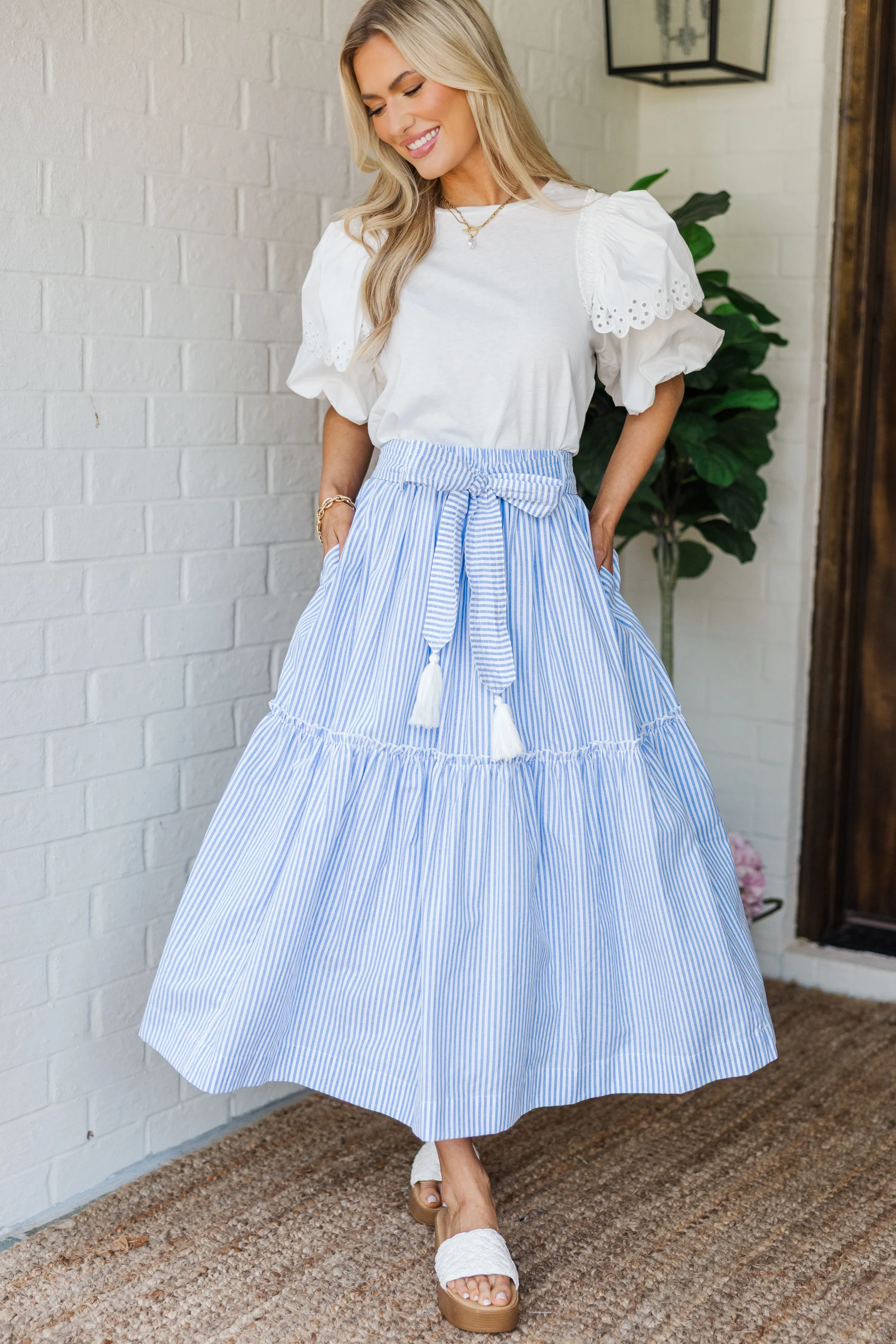 Light Blue Striped Midi Skirt