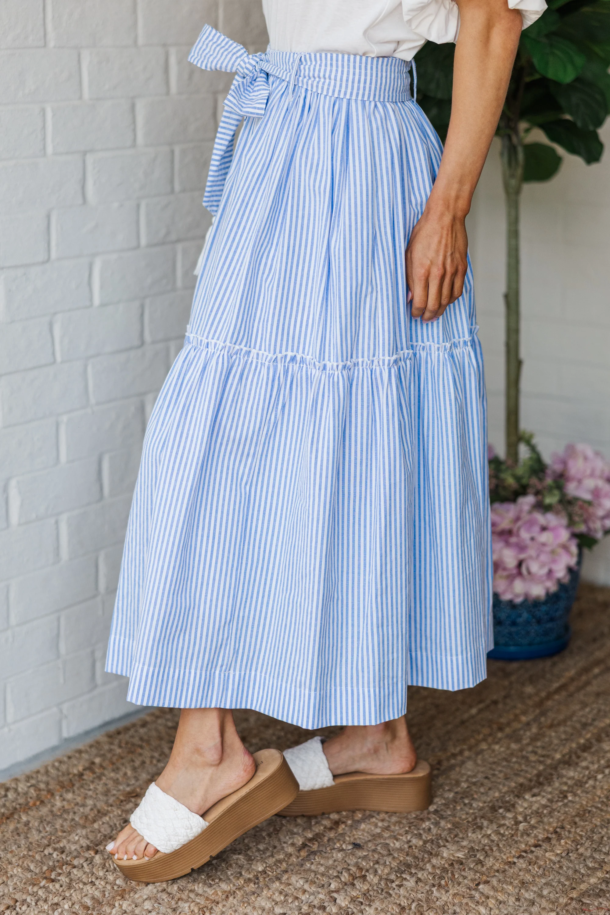 Light Blue Striped Midi Skirt