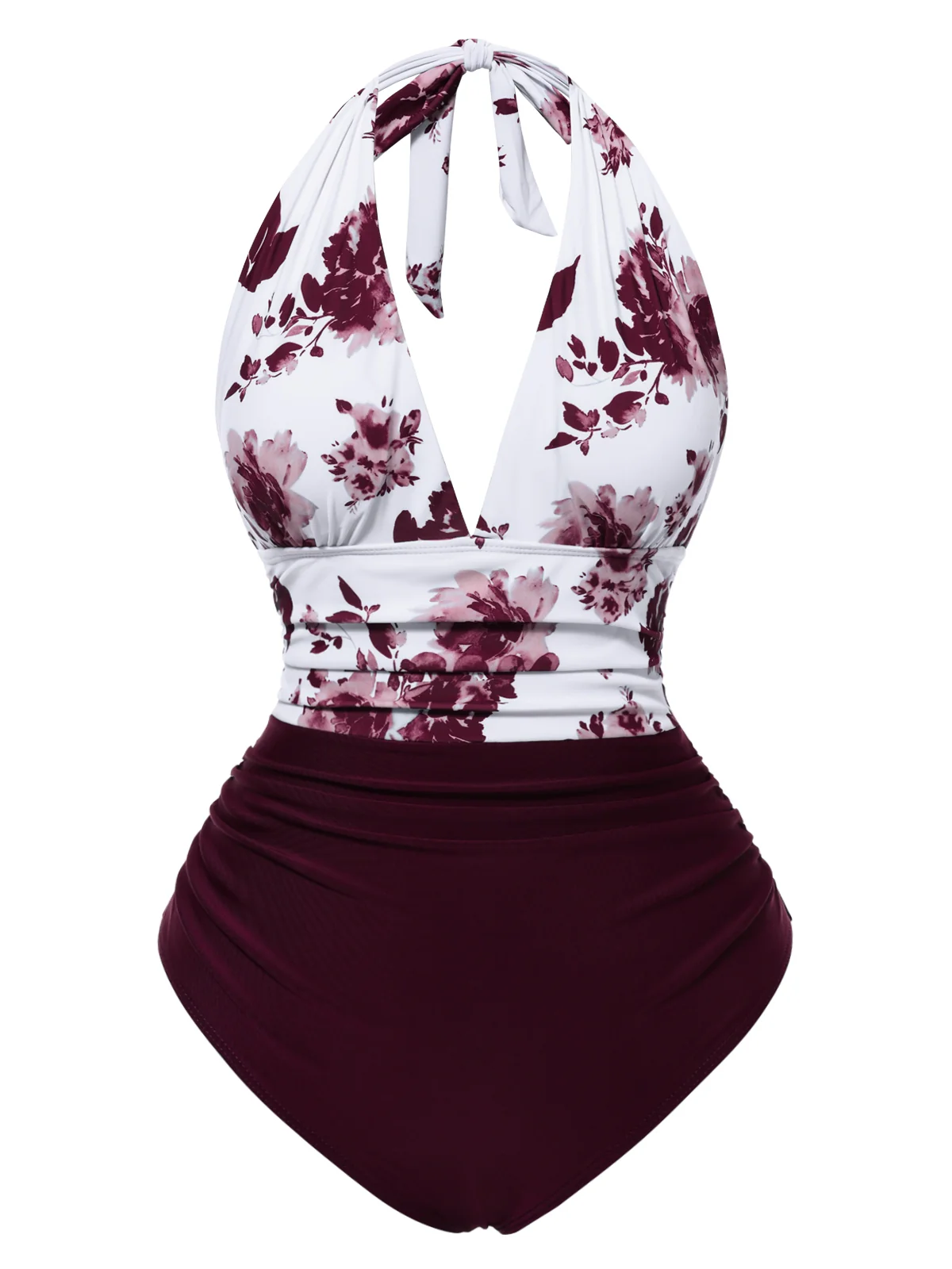 Green Halter Floral Ruched One-piece Swimsuit