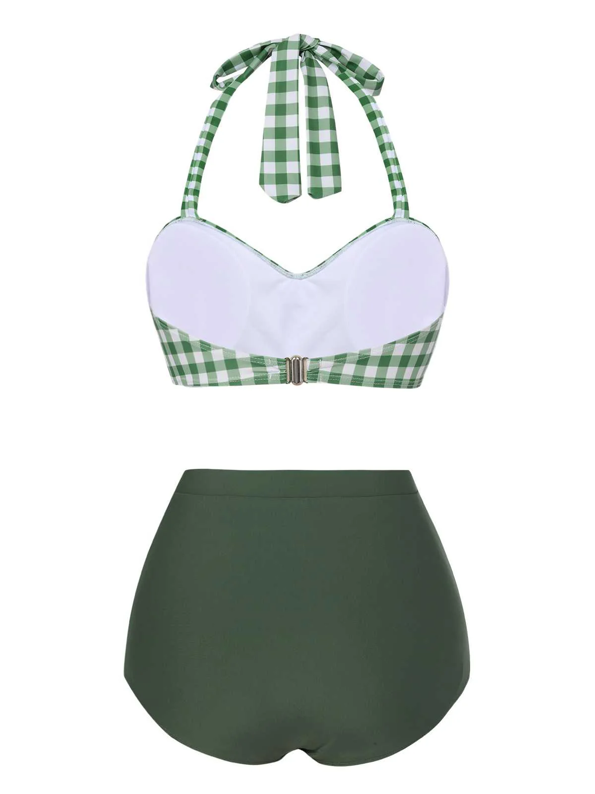 Green Gray Halter Plaids Swimsuit
