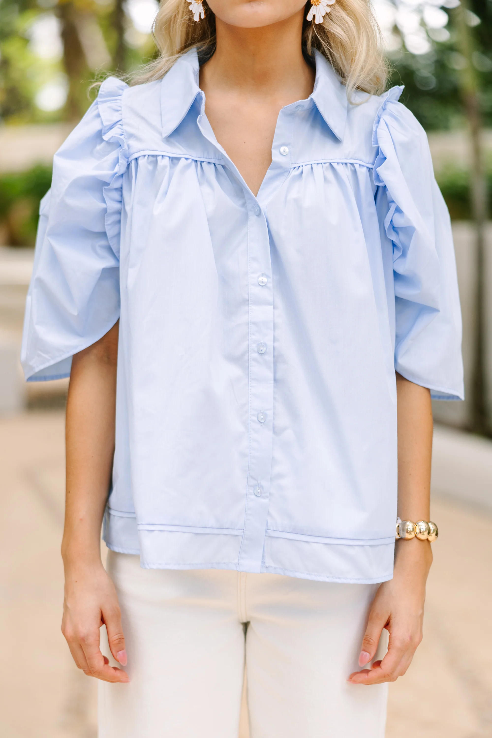 Light Blue Puff Sleeve Blouse