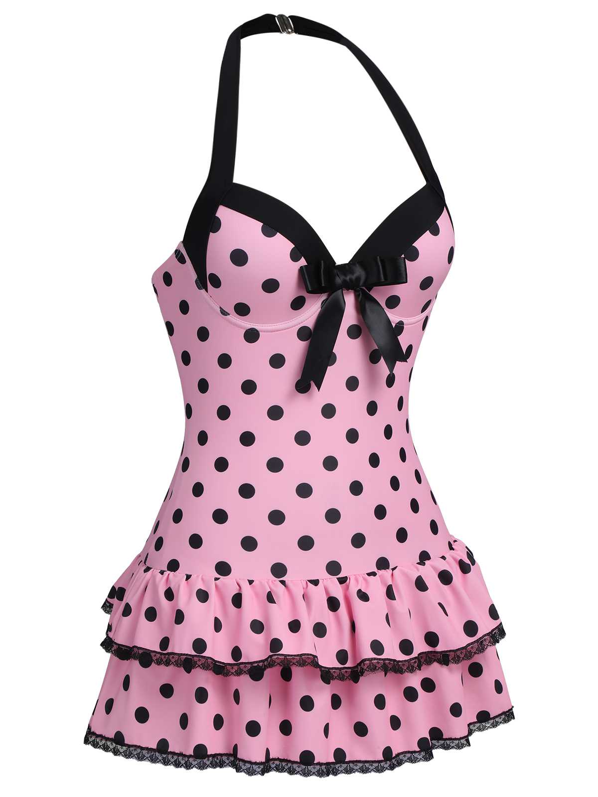 Black Halter Polka Dots Bow One-Piece Swimsuit